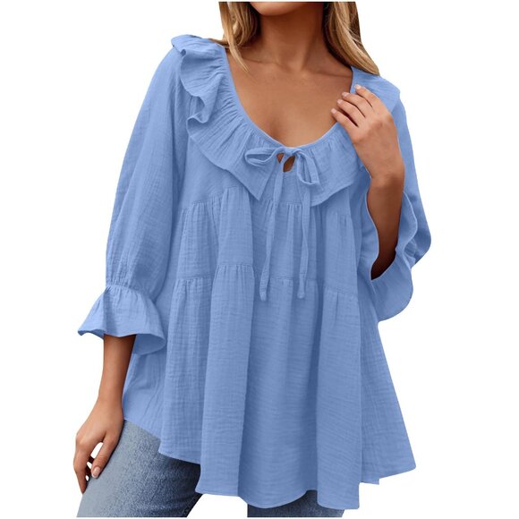 2/$40 Blue Ruffle Peasant Blouse Top 3/4 Sleeve Boho Loose Fit Tunic Shirt XL - Picture 1 of 6